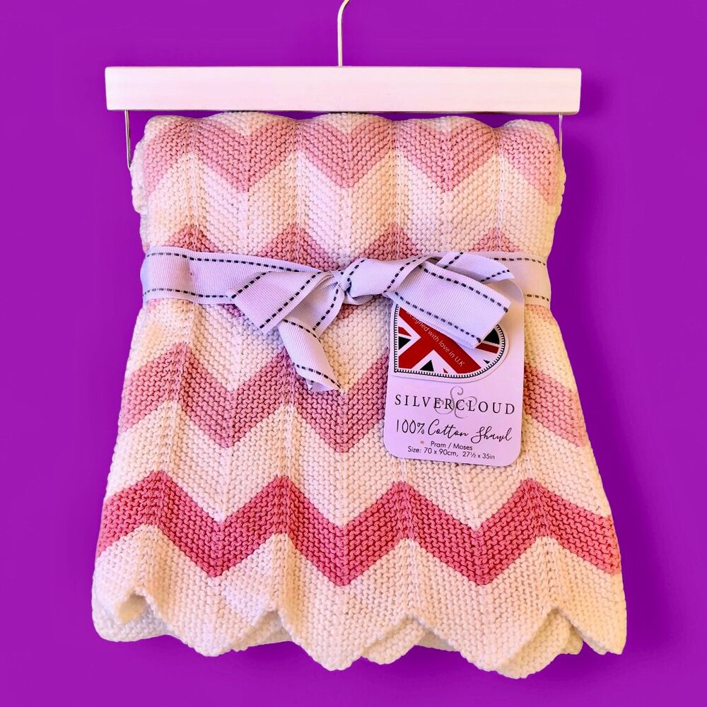 SilverCloud Pink & White Baby Blanket Cotton Knit Pram Moses Shawl 27x35 NEW